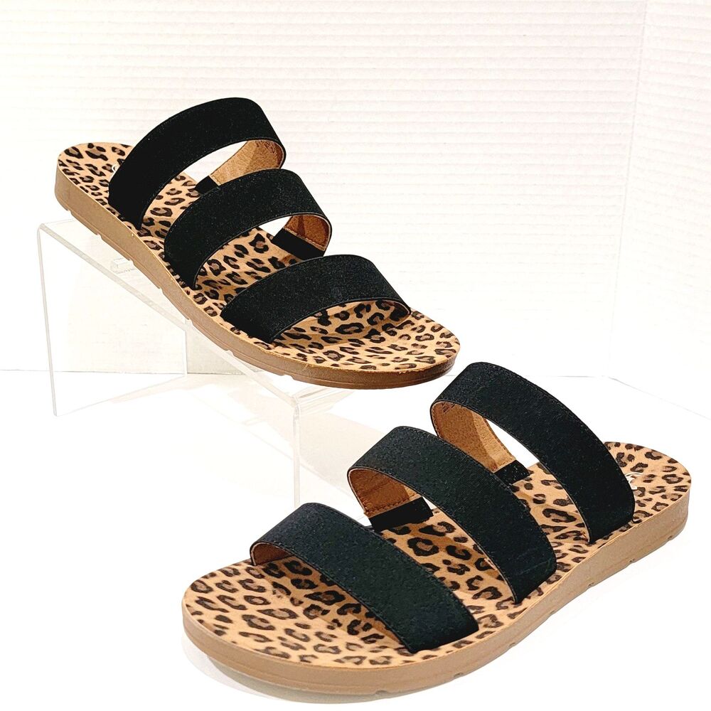 Corkys Dafne Leopard Women's Sandals Size 12 Black Tan 3 Strap Slip On Slides